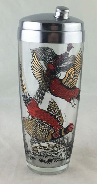 Vintage Cocktail Shaker Party Drink Mixer Glass Gold Red Pheasant Birds Pattern