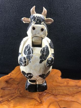 Vintage Wooden Black And White Cow Hand Carved And Painted Nutcracker Farming