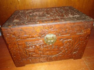 Old Vintage Antique Carved Wood Pictorial Scene Chinese Box Chest 9 " X 14 " X 9 "