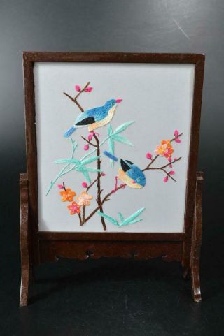 T9053: Japanese Wooden Fabric Bird Flower Pattern Inkstone Screen Kenbyou