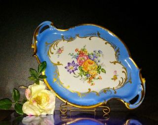 Rare French Curved Ruffled Edges Large Tray Hand Painted Gold Roses