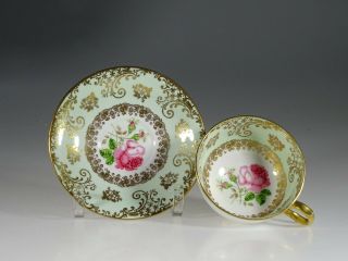 Windsor China Green And Gold With Pink Roses Tea Cup And Saucer,  England C.  1960