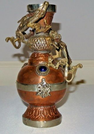 Vintage Tibet Copper & Brass 7 " Dragon Serpent Bottle Vase W/ Blue & Red Jewels