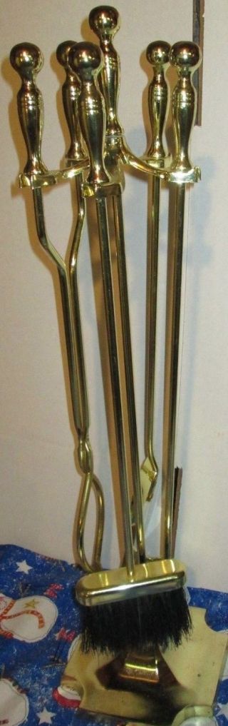 Vintage Brass 4 Piece Fireplace Tool Set Fire Place W Stand