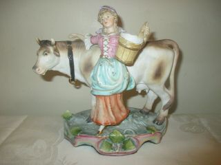 9 " Antique German Bisque Milk Maid & Cow Figurine,  Sculpture 17019,  Unknown Mark
