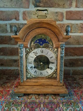 Rare Dutch Table Clock With Moon Phase,  Double Bell Chime,  Oak Body