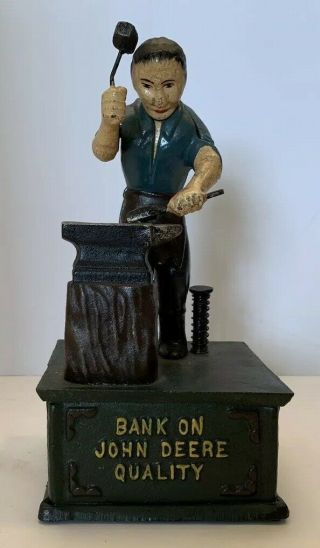 Vintage Cast Iron " Bank On John Deere Quality " Mechanical Coin Bank