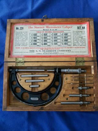 Antique Starrett Micrometer Caliper No 224 Set Aa Athol,  Mass Usa