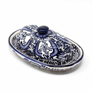 Mexican Talavera Pottery Ceramic Kitchen Handmade Butter Dish,  Blue Flower