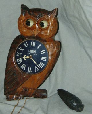 Vintage Tezuka Poppo Moving Eye Owl Wall Clock W/ Weight Occupied Japan Rare