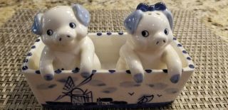 Vintage Deft Blue Pigs In Trough Salt & Pepper Shakers
