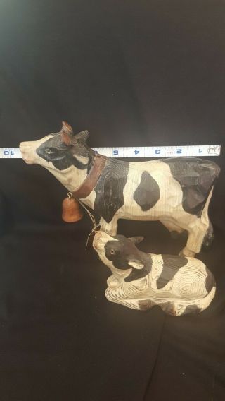 Antique Hand Carved & Painted Folk Art Wood Cows Dairy Cow & Calf Glass Eyes Pr