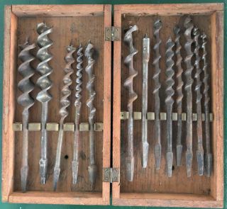 13 Antique Wood Brace Auger Bits In Wooden Box Woodworking Hand Tool Drill