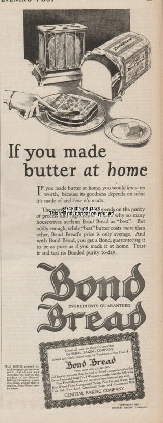 1929 General Baking Company Bond Bread Antique Toaster Kitchen Decor Art Ad