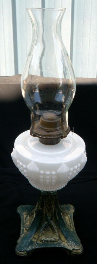 Late 19th Century Cast Iron & Milk Glass Oil / Kerosene Lamp