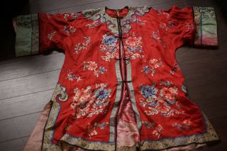 Vintage Antique Chinese Embroidery Silk Robe Kimono Red Floral Motif Embroidery