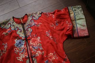 Vintage Antique Chinese Embroidery Silk Robe Kimono Red Floral Motif Embroidery 3