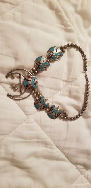 Vintage Sterling Silver Native American Turquoise Squash Blossom Necklace