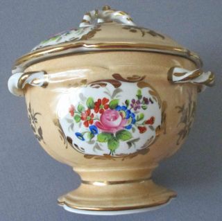 Antique French Old Paris Hp Porcelain 3 - Handled Covered Bowl Flowers W Gilt Trim