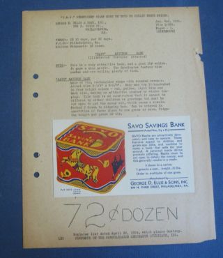 Old Vintage 1935 - Savo Toy Savings Bank - Advertising Card & Price List