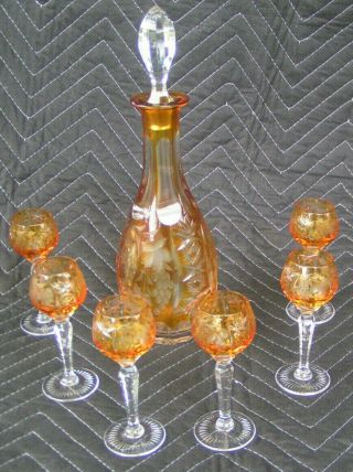 Vintage Bohemian Amber Cut To Clear Crystal Decanter & 6 Glasses