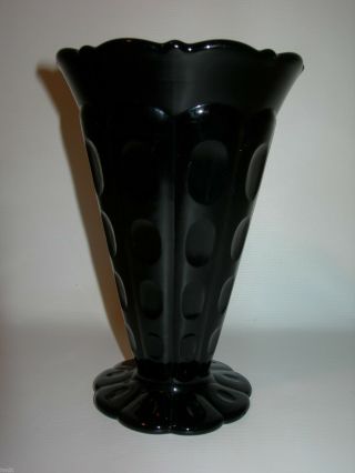 Vintage Art Deco Black Glass Vase Inverted Button Dot Design Scalloped Foot