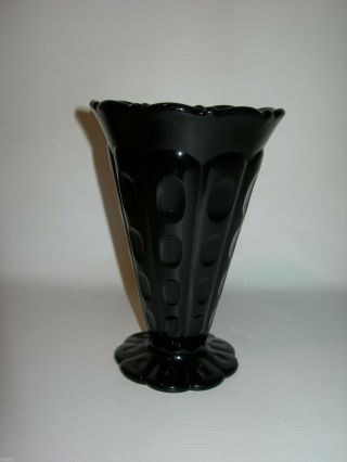 Vintage ART DECO Black Glass Vase inverted Button Dot Design Scalloped Foot 2