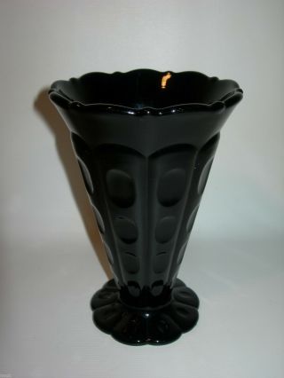Vintage ART DECO Black Glass Vase inverted Button Dot Design Scalloped Foot 3