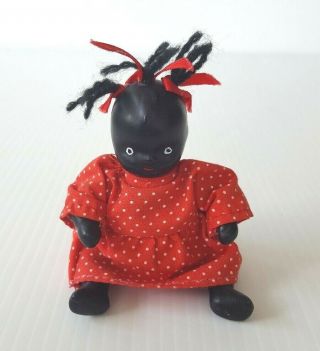 Vintage Black Americana Bisque Jointed Girl Baby Doll 5 " Red Polka Dot Dress