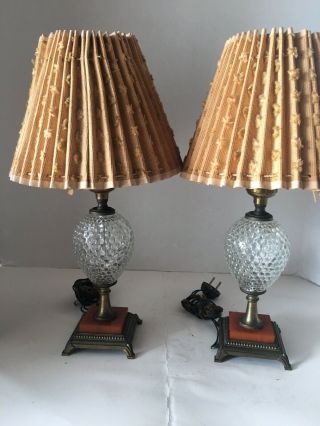 2 Vintage Art Deco Orange Marble & Hobnail Glass And Brass Table Lamp Pair