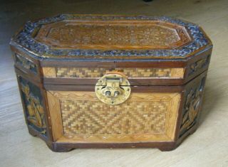 Vintage Chinese Carved Wood/bamboo & Wicker Tea Caddy / Box Hinged Brass