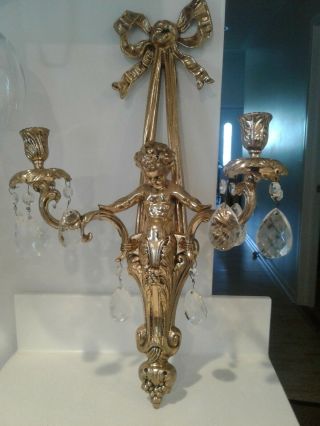 Vintage Candelabra Sconce Gold Gilded Cherub Old French Wall With Crystals