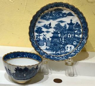 Antique 18th C.  Caughley Salopian Porcelain Cup & Saucer,  " Temple " Pattern