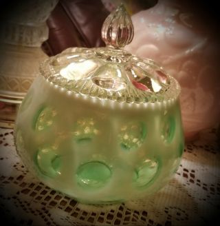 Vintage Fenton Rare Lime Green Opalescent Coin Dot Candy Dish