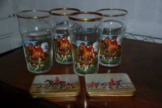 Vintage Retro Pint Glasses X 4 Tally Ho Fox Hunting Scenes & 6 Coasters