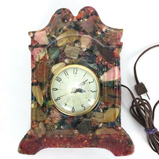 Vintage Lanshire Electric Lucite Resin Multi Color Stones Red Mantel Clock