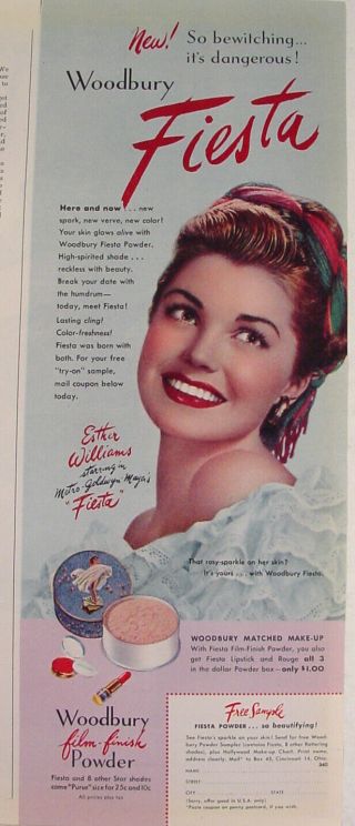 1947 Esther Williams Woodbury Fiesta Film Finish Powder Color Print Ad