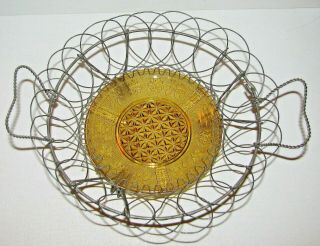 Antique Victorian Wire Egg Calling Card Basket Eapg Amber Lacy Glass Plate