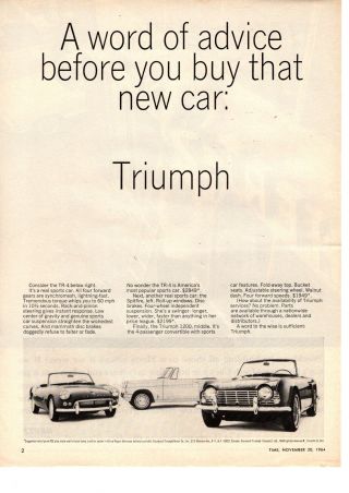 1964 Standard Triumph Motor Company Tr4 $2849 Spitfire $2199 1200 $1949 Print Ad