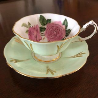 Queen Anne Vintage Sage Green Tea Cup & Saucer With Roses Gold Gilt