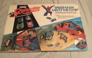 Rare Vintage 1977 Aurora Screechers Spider - Man Meets The Fly Slot Car Set