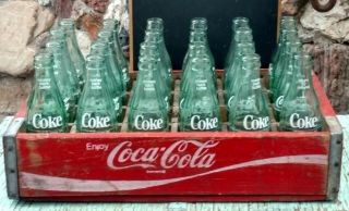 Coca Cola Crate Vintage Wood Red Coke 24 Bottle Case With Green Bottles 6 1/2 Oz