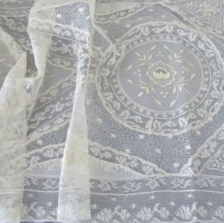 Vintage French Normandy Lace Runner 52 " X 17 " Embroidered Flowers On Sheer Linen