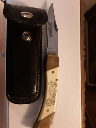 Vintage Schrade,  Usa Sc507 Scrimshaw Lock Back Folding Pocket Knife And Sheath