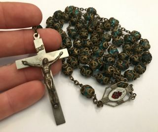Vtg Faceted Blue Glass Filigree Religious Crucifix Cross Rosary Prayer Beads