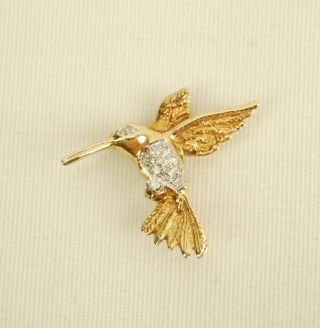 Vintage 14k Yellow Gold Diamond Hummingbird Brooch Pin Pendant