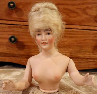 Antique 7 " German All Bisque Half Doll With Jointed Arms & Orig Pompadour Wig
