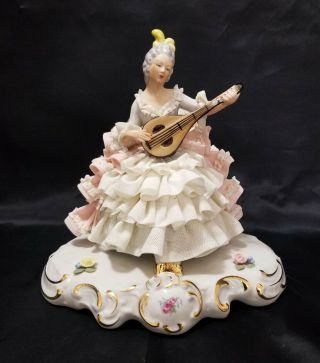 Dresden Lace Porcelain Lady Playing Musical Instrument Crown " N " Mark