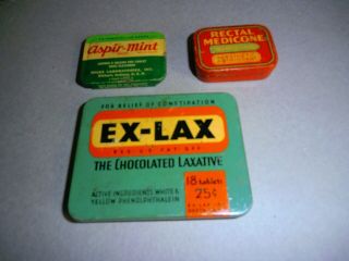 3 Old Medicine Tins - Aspir -,  Rectal Medicone & Ex - Lax 1930 