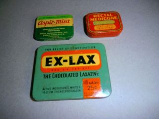 3 Old Medicine Tins - Aspir -,  Rectal Medicone & Ex - Lax 1930 ' s - 1950 ' s 2